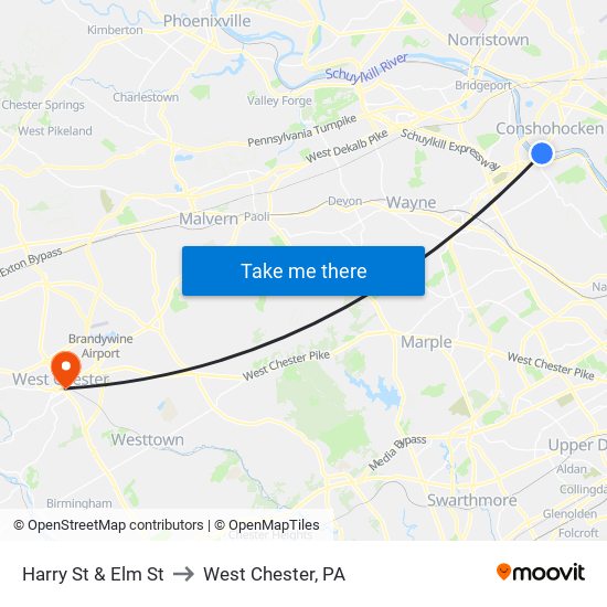 Harry St & Elm St to West Chester, PA map