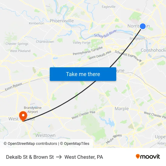 Dekalb St & Brown St to West Chester, PA map