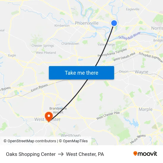 Oaks Shopping Center to West Chester, PA map