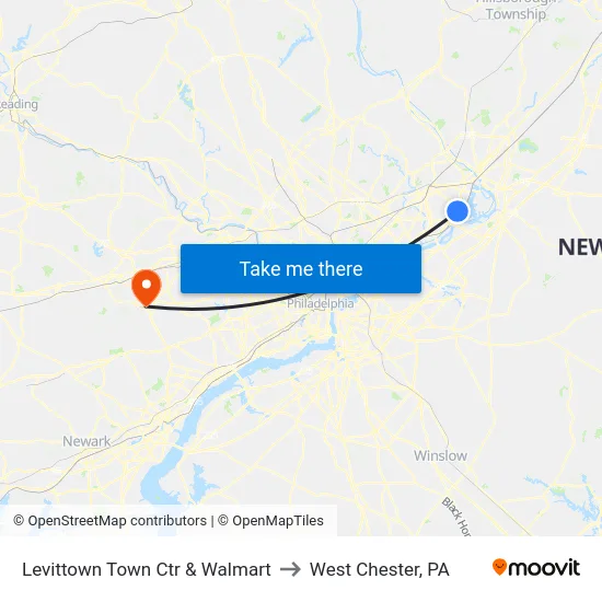 Levittown Town Ctr & Walmart to West Chester, PA map
