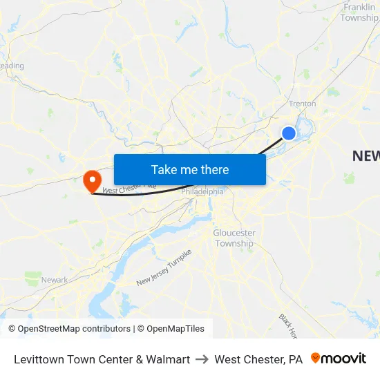Levittown Town Center & Walmart to West Chester, PA map