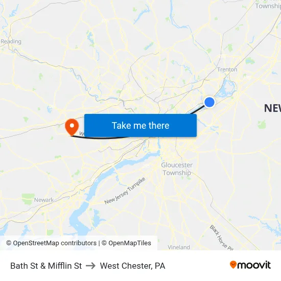 Bath St & Mifflin St to West Chester, PA map