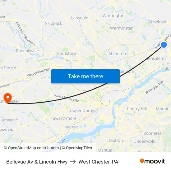 Bellevue Av & Lincoln Hwy to West Chester, PA map