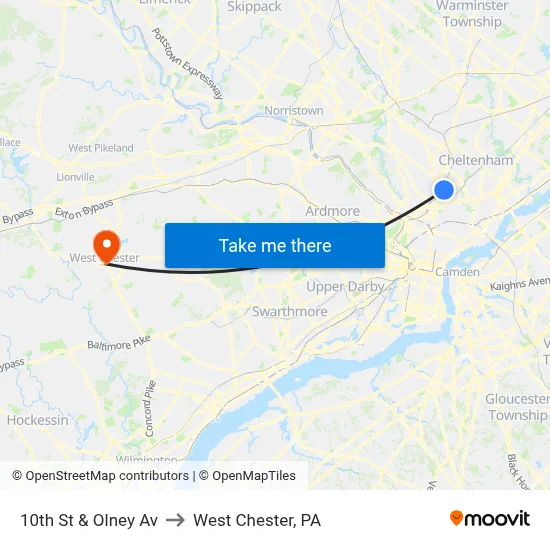 10th St & Olney Av to West Chester, PA map