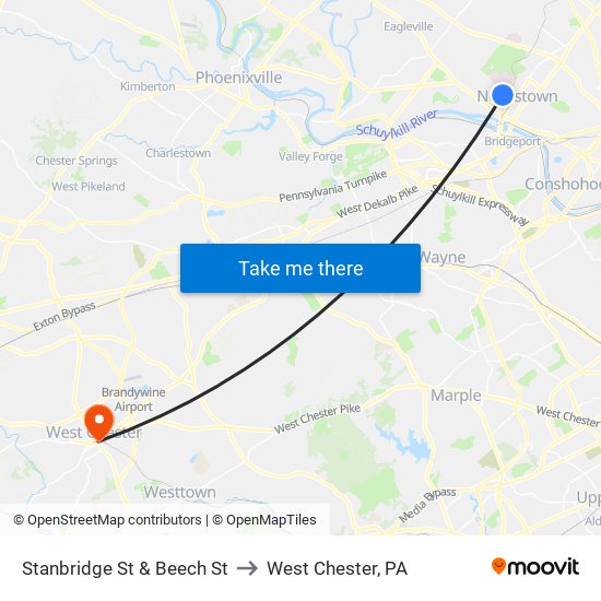 Stanbridge St & Beech St to West Chester, PA map