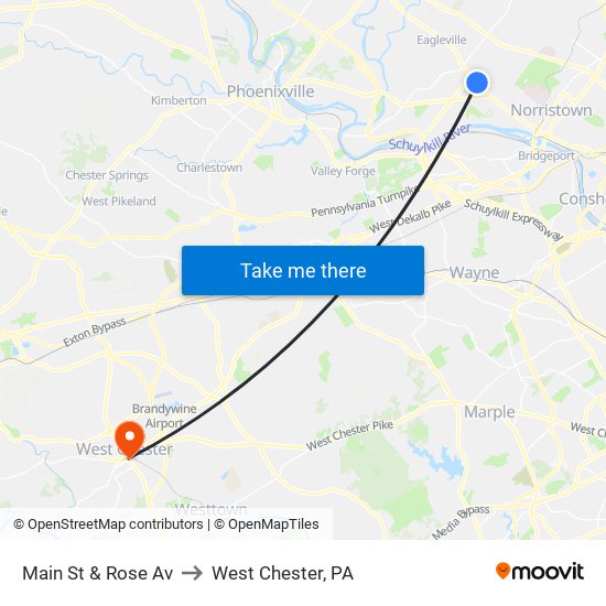 Main St & Rose Av to West Chester, PA map