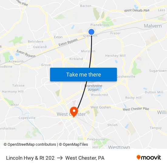 Lincoln Hwy & Rt 202 to West Chester, PA map