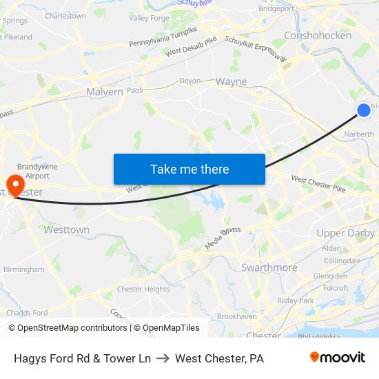 Hagys Ford Rd & Tower Ln to West Chester, PA map