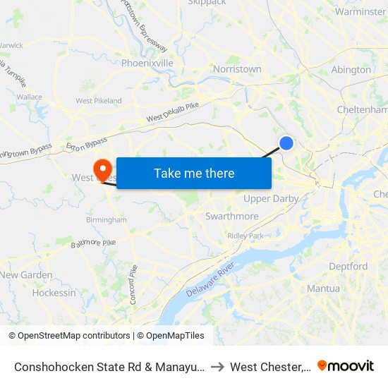 Conshohocken State Rd & Manayunk Rd to West Chester, PA map
