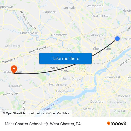 Mast Charter School to West Chester, PA map