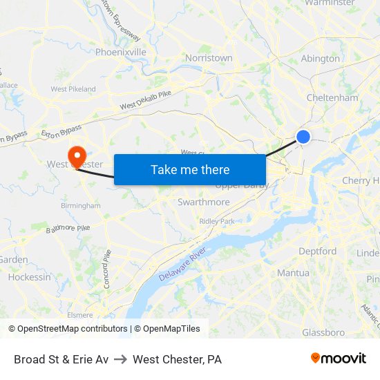 Broad St & Erie Av to West Chester, PA map
