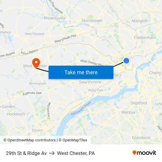 29th St & Ridge Av to West Chester, PA map