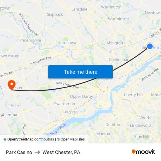 Parx Casino to West Chester, PA map