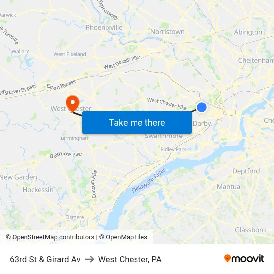 63rd St & Girard Av to West Chester, PA map
