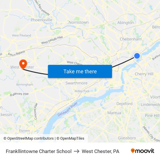 Frankllintowne Charter School to West Chester, PA map