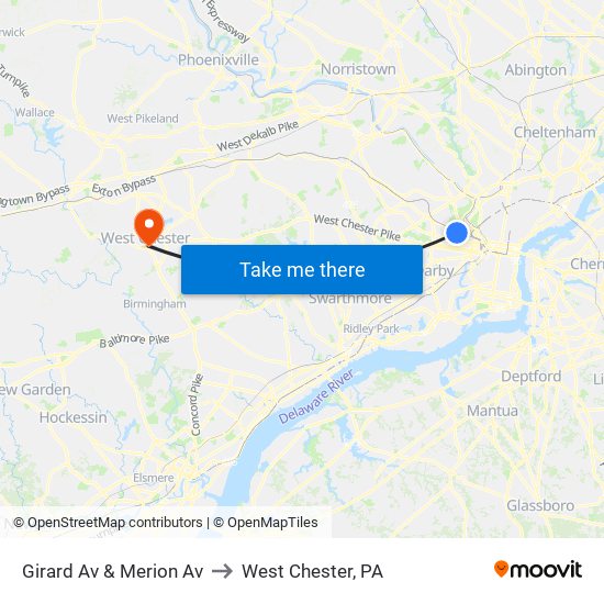 Girard Av & Merion Av to West Chester, PA map
