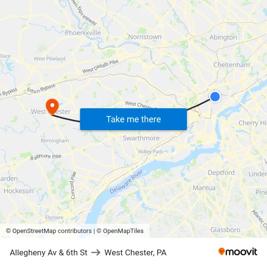 Allegheny Av & 6th St to West Chester, PA map