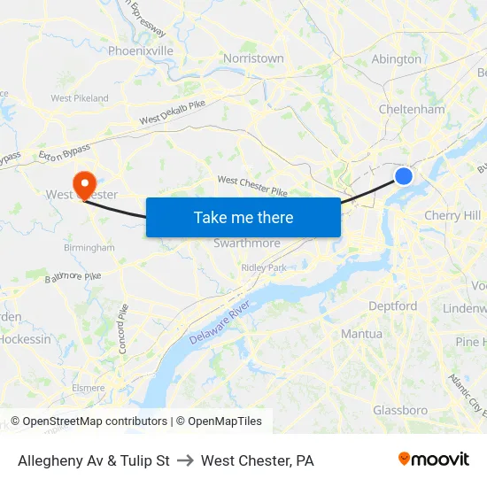 Allegheny Av & Tulip St to West Chester, PA map