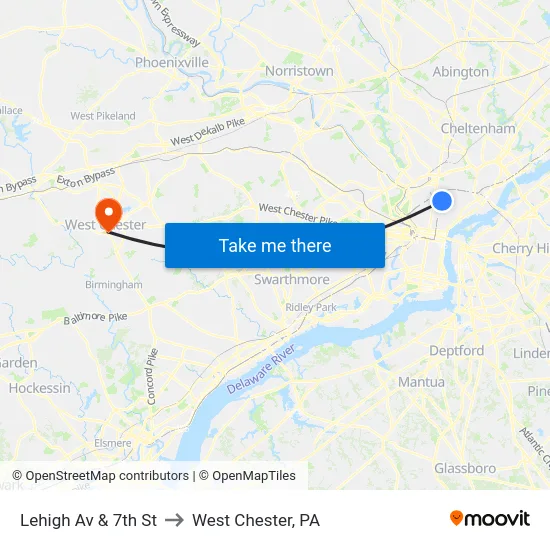 Lehigh Av & 7th St to West Chester, PA map