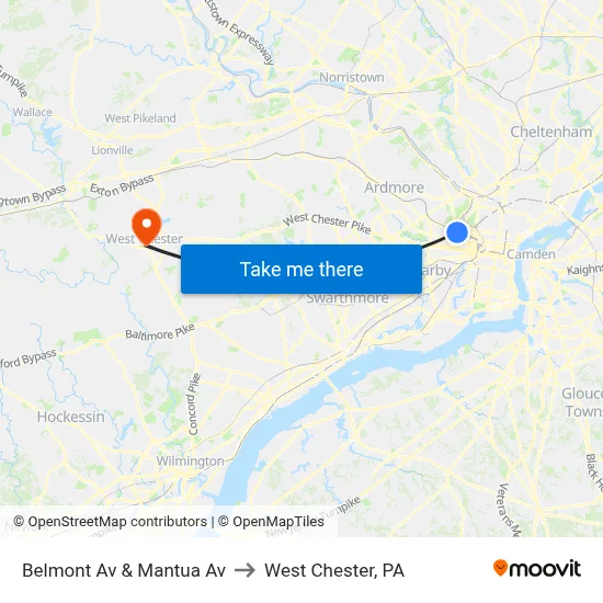 Belmont Av & Mantua Av to West Chester, PA map