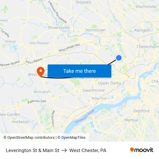 Leverington St & Main St to West Chester, PA map