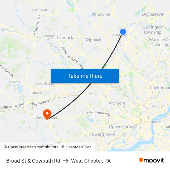 Broad St & Cowpath Rd to West Chester, PA map