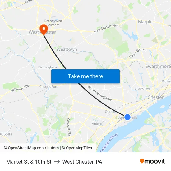 Market St & 10th St to West Chester, PA map