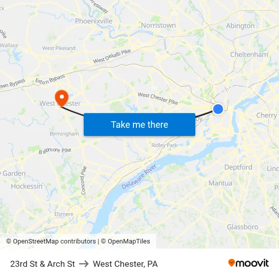 23rd St & Arch St to West Chester, PA map