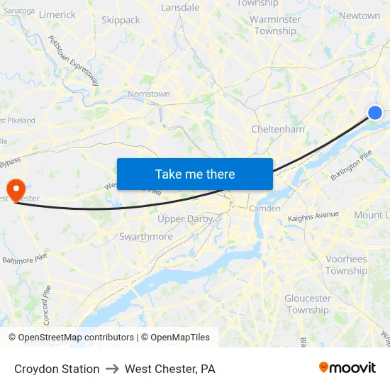 Croydon Station to West Chester, PA map