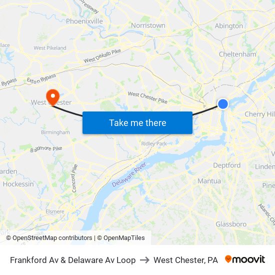 Frankford Av & Delaware Av Loop to West Chester, PA map