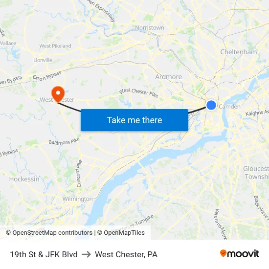 19th St & JFK Blvd to West Chester, PA map