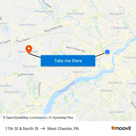 17th St & North St to West Chester, PA map