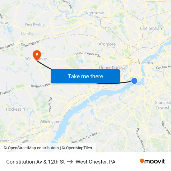 Constitution Av & 12th St to West Chester, PA map