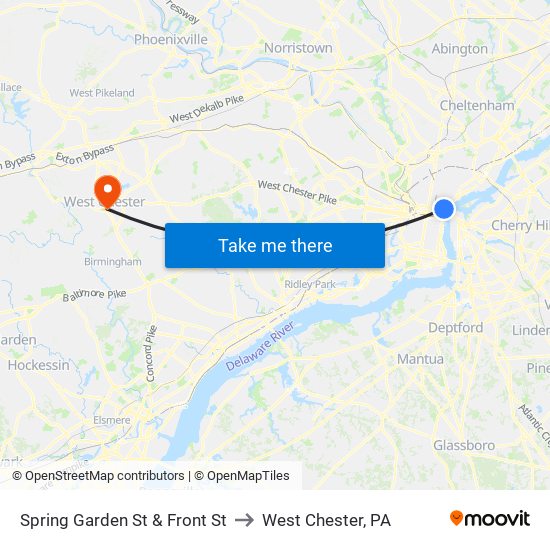 Spring Garden St & Front St to West Chester, PA map