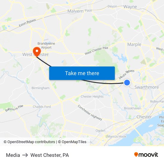 Media to West Chester, PA map