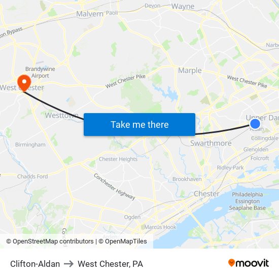 Clifton-Aldan to West Chester, PA map