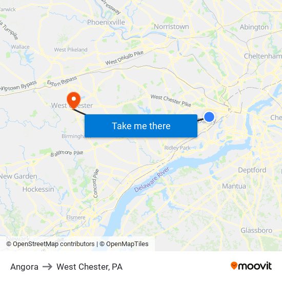 Angora to West Chester, PA map