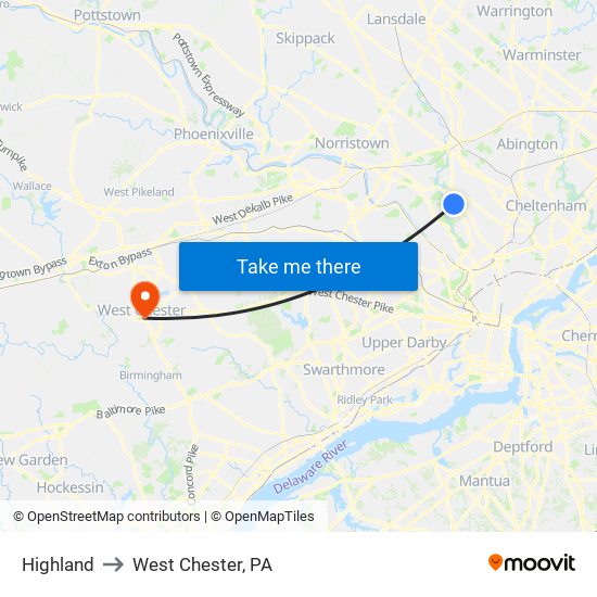 Highland to West Chester, PA map