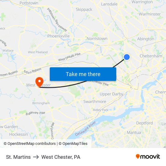 St. Martins to West Chester, PA map