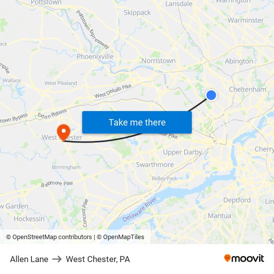 Allen Lane to West Chester, PA map