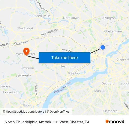 North Philadelphia Amtrak to West Chester, PA map