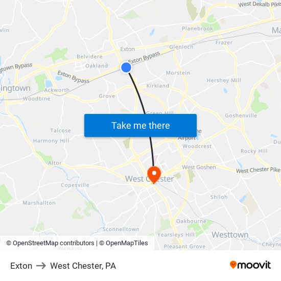 Exton to West Chester, PA map