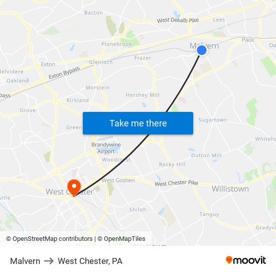 Malvern to West Chester, PA map