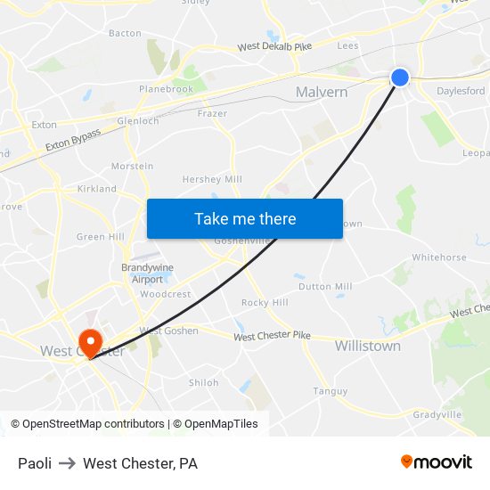 Paoli to West Chester, PA map