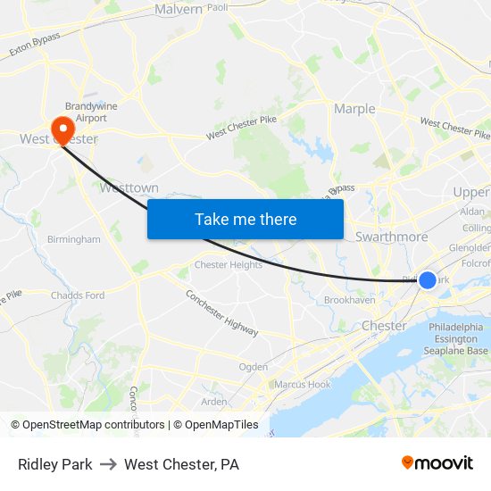 Ridley Park to West Chester, PA map