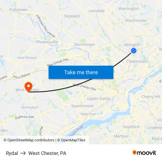 Rydal to West Chester, PA map