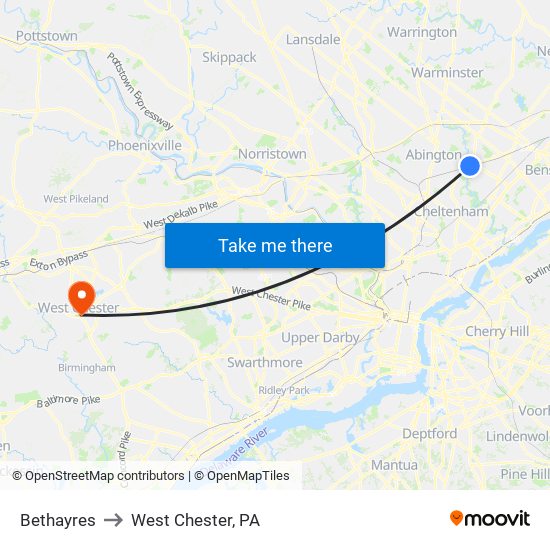 Bethayres to West Chester, PA map