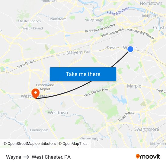 Wayne to West Chester, PA map