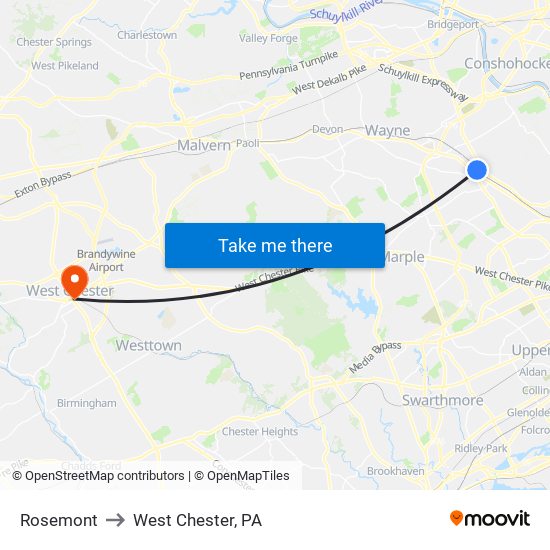 Rosemont to West Chester, PA map