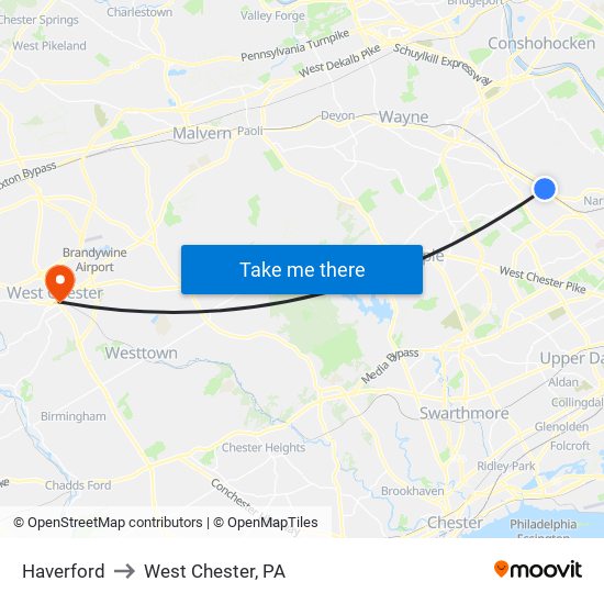 Haverford to West Chester, PA map
